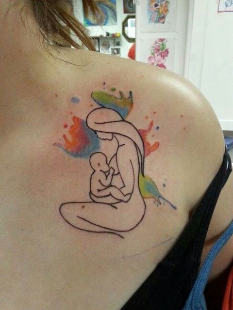 480x640 Picture Of Watercolor Mother And Child Tattoo On The Shoulder
