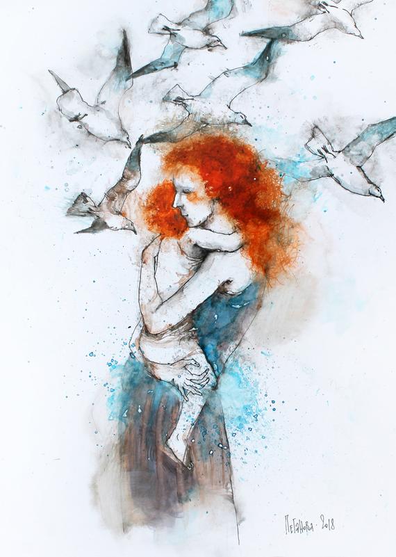 570x801 Redhead Mother And Child Watercolor Painting Mothergood Wall Etsy