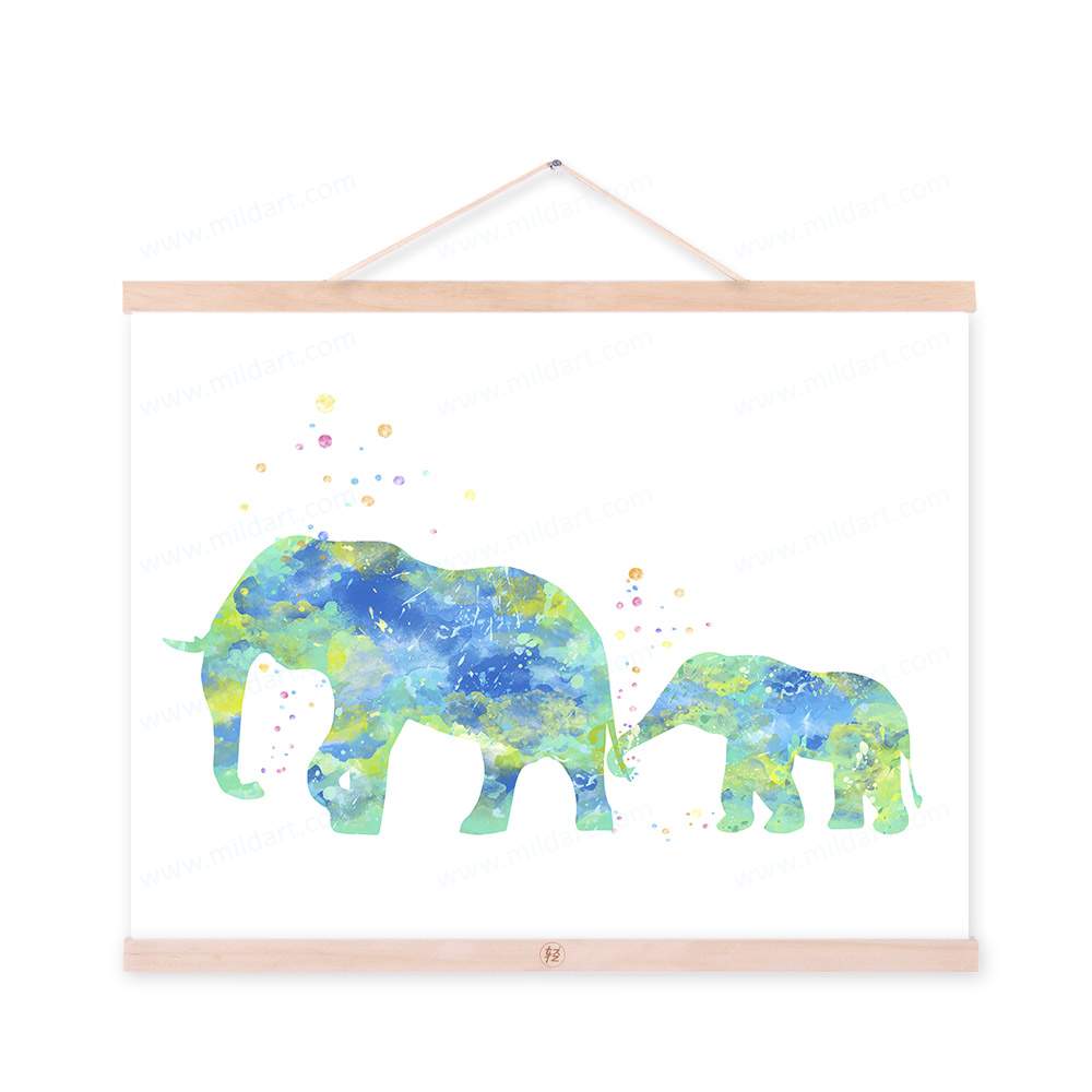 1000x1000 Watercolor Elephant Mother And Child Framed Scroll Art