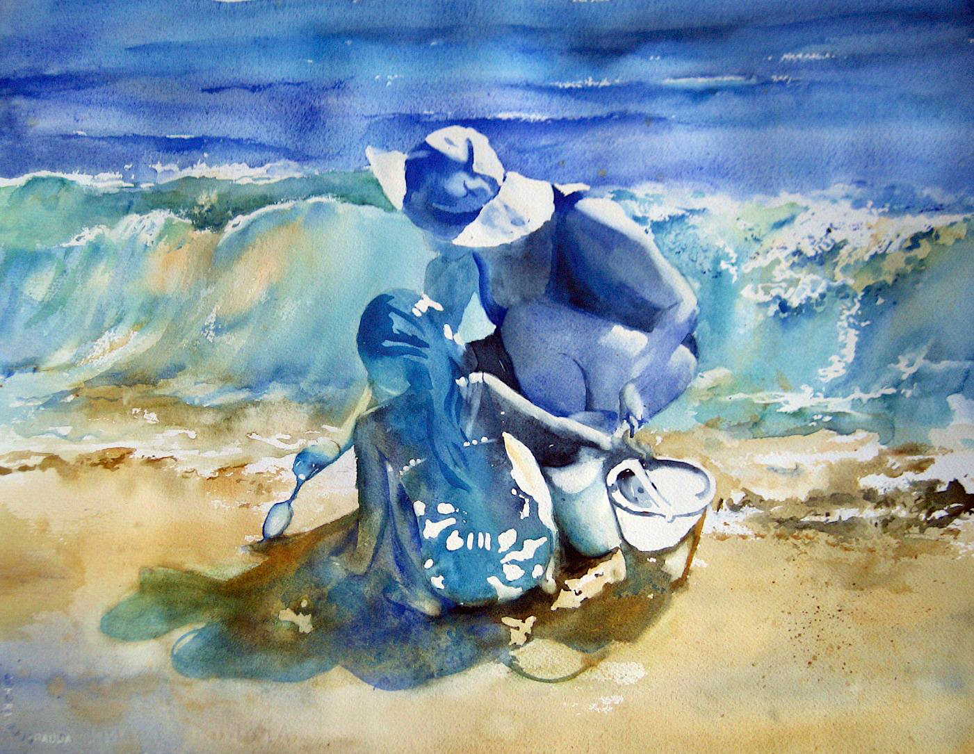 1401x1085 Original Watercolor Seascape Miami Beach Buckets