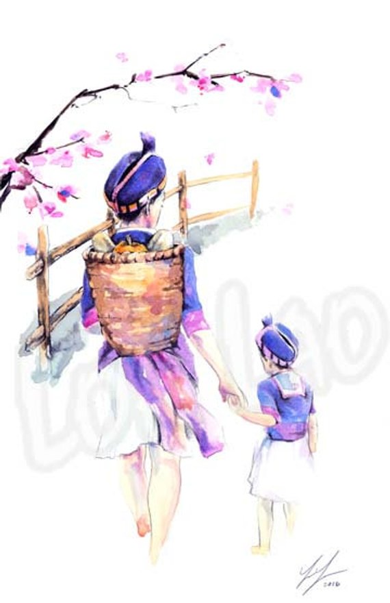 570x880 Hmong Art Painting Mother Daughter Cherry Blossom