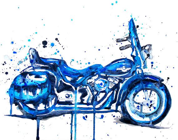570x448 Blue Motorcycle Watercolor Archival Quality Print On Watercolor