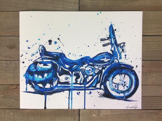 570x427 Blue Motorcycle Watercolor Christmas Gift Motorcycle Art Etsy