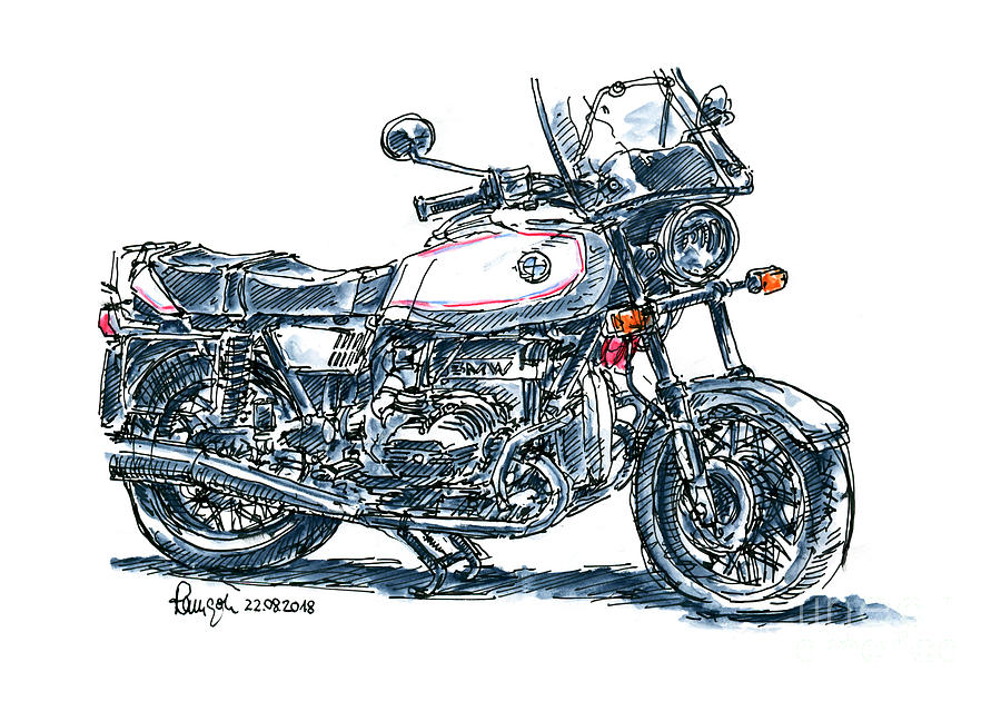 900x630 Bmw R 65 Classic Motorcycle Ink Drawing And Watercolor Drawing By