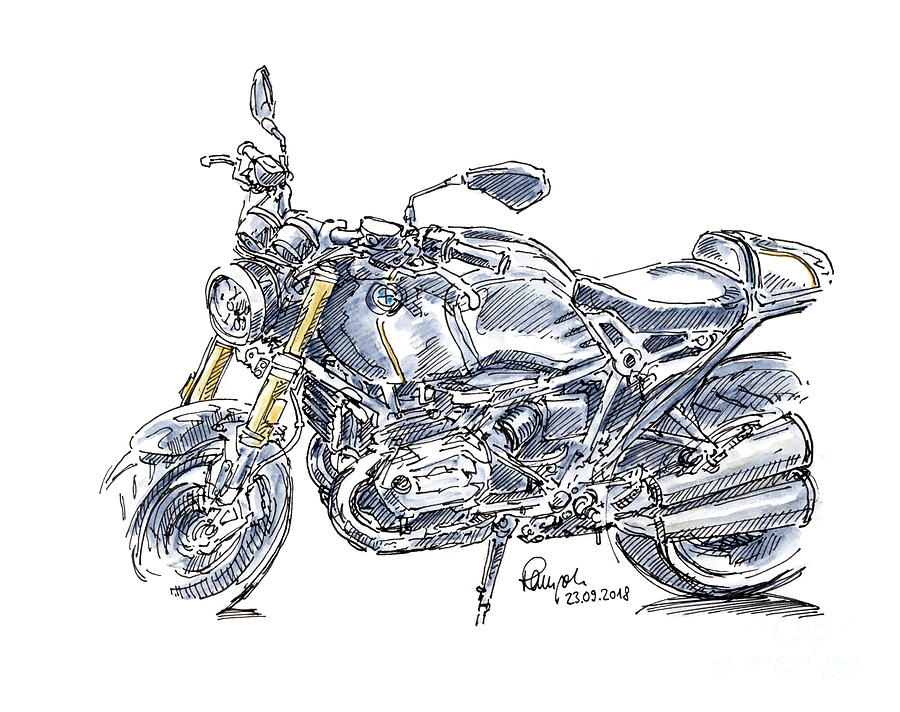 900x712 Bmw R Nine T Motorcycle Ink Drawing And Watercolor Drawing By