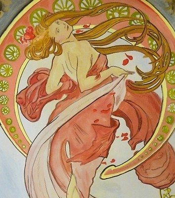 354x400 Unique Watercolor Painting, Signed Alphonse Mucha W Coa Amptoo,dali