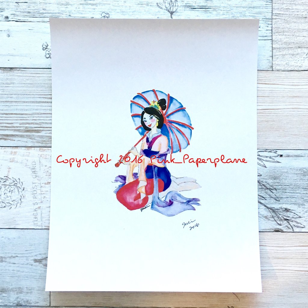 1024x1024 Mulan, Watercolor Art Print, Signed In Ink. Pink Paperplane