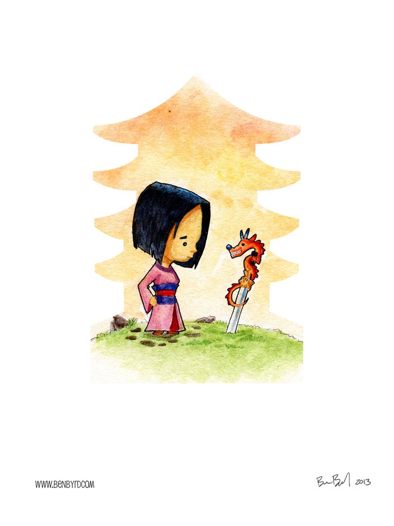 768x1024 Mulan And Mushu Watercolor Ben Byrd Art