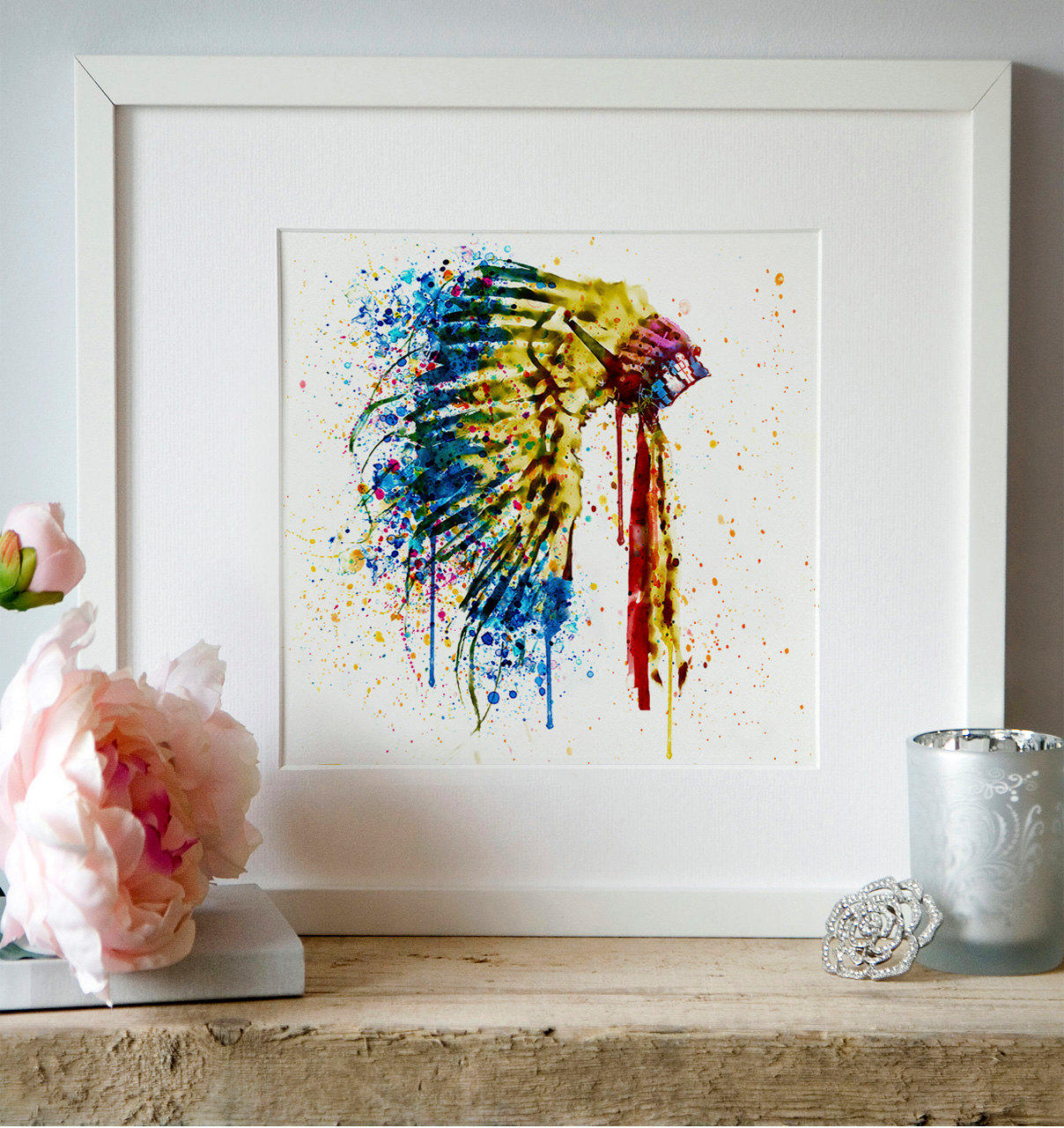1208x1280 Native American Feather Headdress Watercolor Painting Wall Art