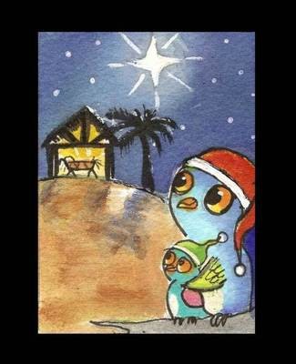 325x400 Aceo Owl Nativity Scene Christmas Holiday Original Watercolor Art