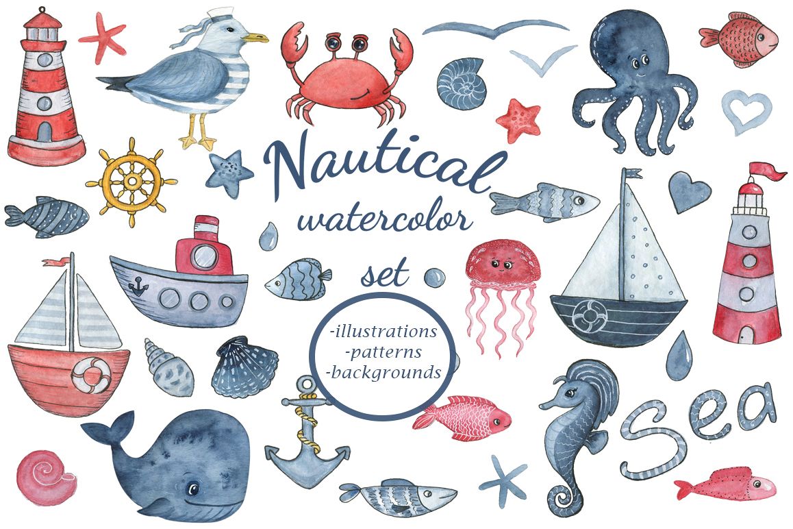 1158x772 Sea Dreams. Nautical Watercolor Set. Sea Clipart Collection