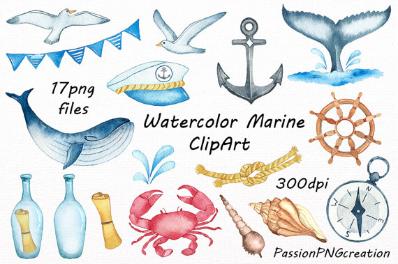 570x379 Watercolor Marine Clipart, Nautical Watercolor Clip Art, Png
