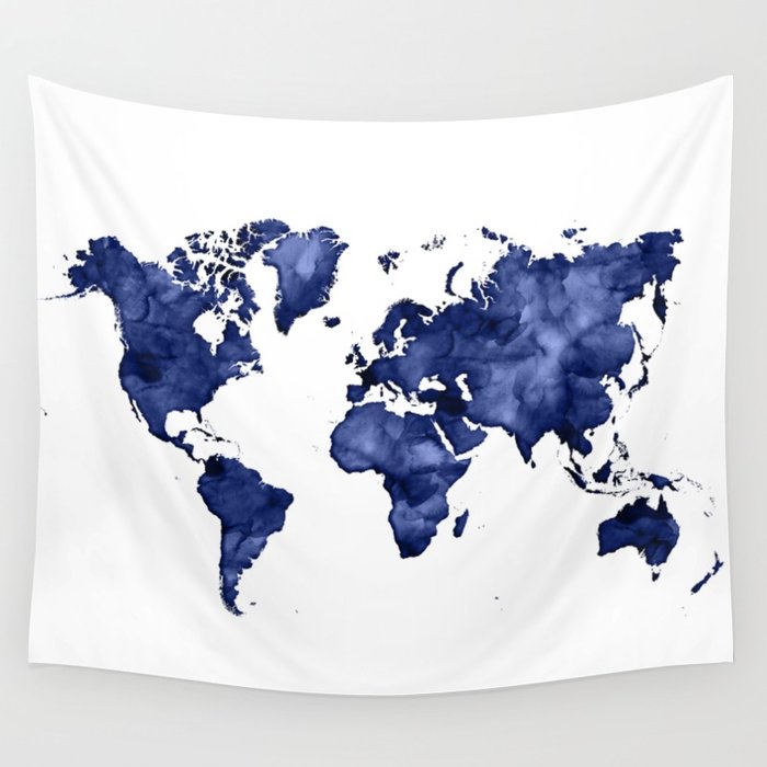 700x700 Dark Navy Blue Watercolor World Map Wall Tapestry By Blursbyaishop