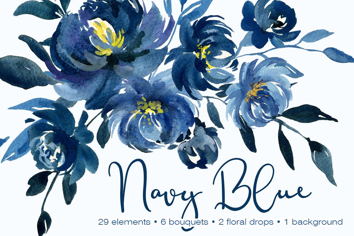 1158x772 Navy Blue Watercolor Peonies Flowers Collection