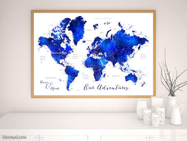 600x451 Personalized Map Print Watercolor World Map With Cities In Navy