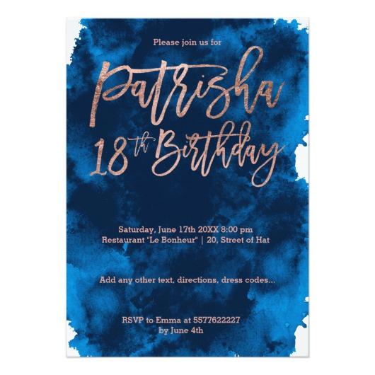 530x530 Rose Gold Typography Navy Blue Watercolor 18th Card Invitations 4 U
