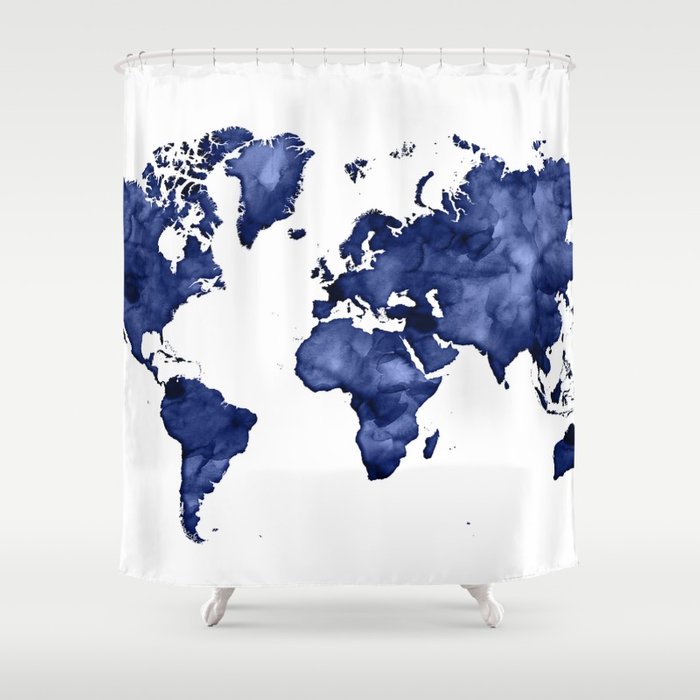 700x700 Dark Navy Blue Watercolor World Map Shower Curtain By