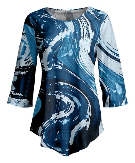452x543 Lily Blue Amp Navy Watercolor Curved Hem Three Quarter Sleeve Tunic