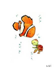 225x300 Nemo And Squirt Watercolor Fan Art Print Ben Byrd Art