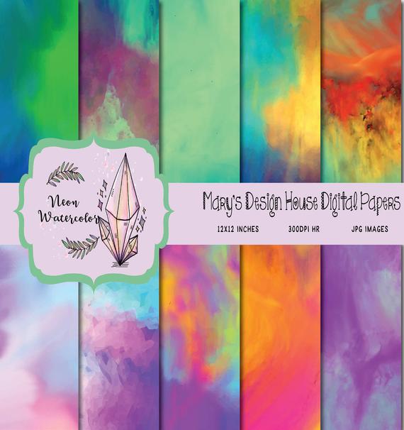 570x606 Watercolor Digital Paper Neon Watercolor Bright Colors Etsy