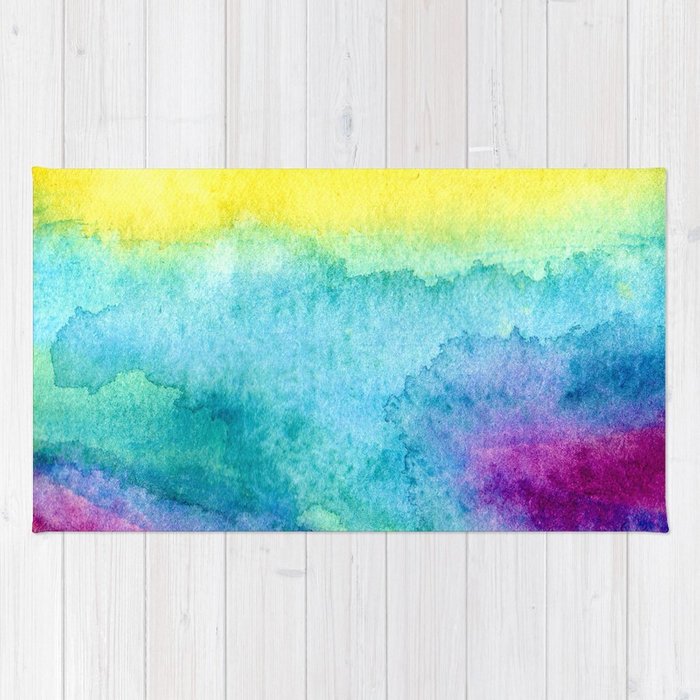 700x700 Modern Neon Yellow Blue Hand Painted Watercolor Rug By Girlytrend