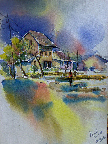 375x500 Nepal Watercolor Landscape Painting By Kamal Gurung