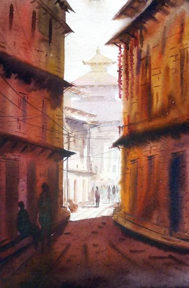 375x570 Bhakatapur Narrow Lane (Nepal) Watercolor On Paper Painting By