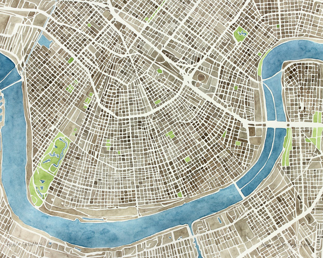 640x512 New Orleans Watercolor Map Sepia Green Blue