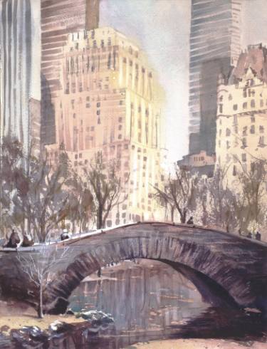 375x490 Watercolor Painting Of Skyscrapers Rising Above Iconic Bridge In
