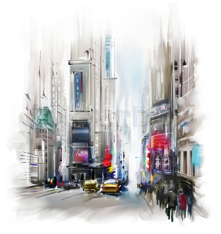 755x800 New York Street, Watercolor Sketch, Stock Photo Stock Photo