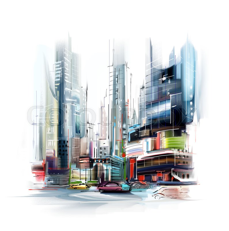 795x800 Street, New York, Watercolor Sketch, Stock Photo Stock Photo