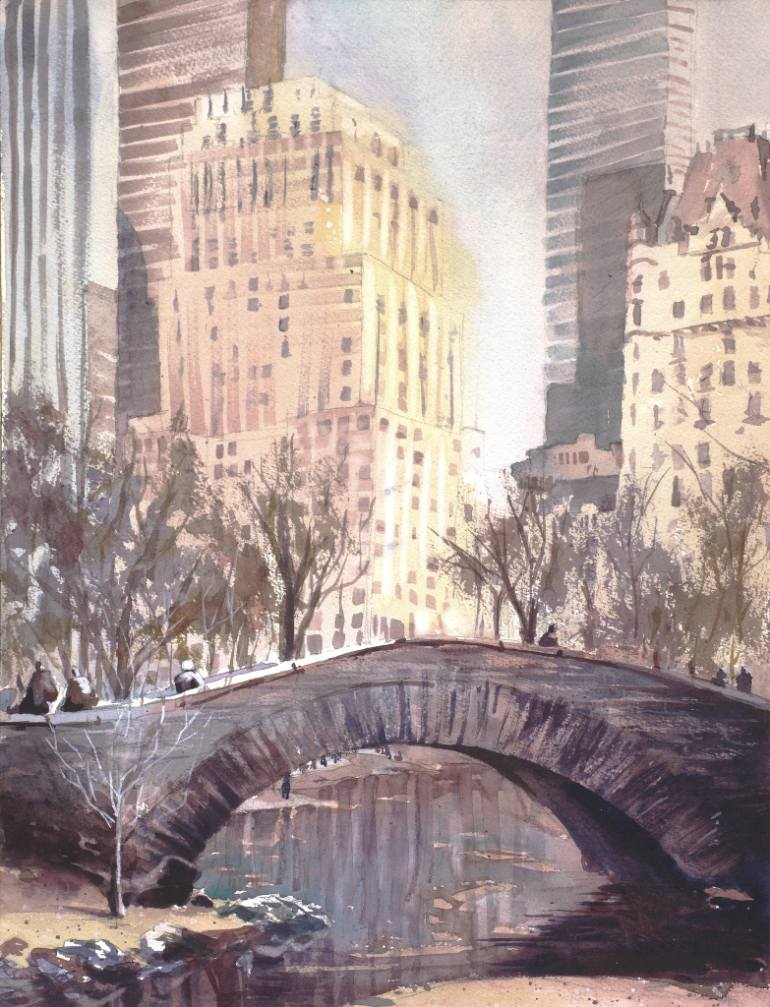 770x1007 Watercolor Painting Of Skyscrapers Rising Above Iconic Bridge In