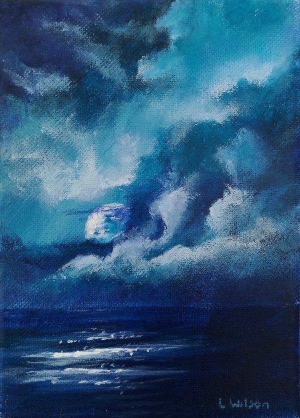 600x836 Night Sky, Small Acrylic Seascape Canvas Painting. Moon And Ocean