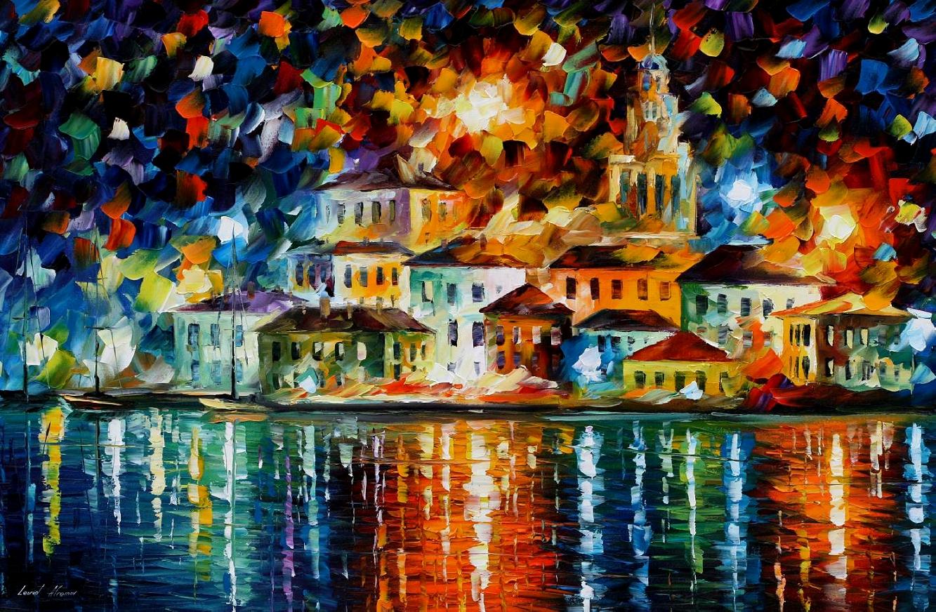 1333x872 Magical Night Harbor Palette Knife Oil Painting On Canvas By