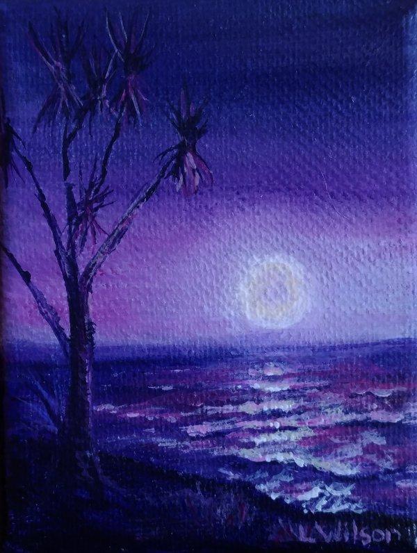 600x796 Purple Night Moon, Small Acrylic Painting. Original Artwork