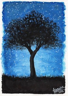 284x400 Starry Night Tree Framed Original Watercolor Painting 5x7 Signed