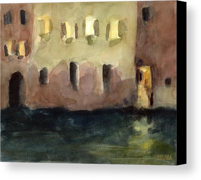 678x608 Yellow Windows At Night Watercolor Painting Of Venice Italy Canvas