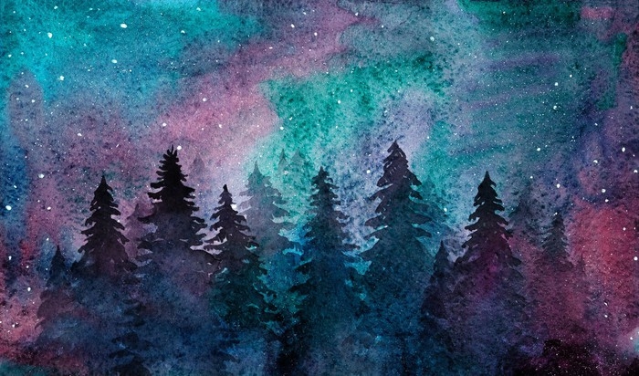 700x412 Watercolor Spruce Forest On The Starry Sky Background. Northern