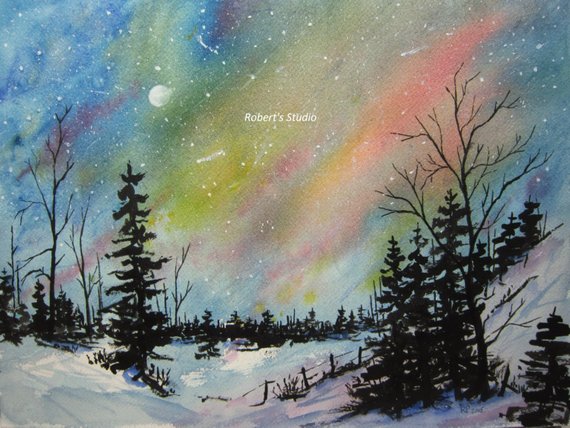 570x428 Winter Landscape Archival Print Northern Lights Watercolor Etsy