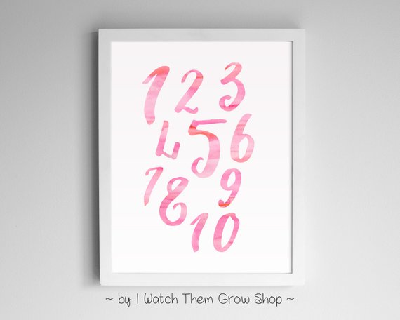 570x456 Pink Watercolor Numbers Wall Art, Printable Girl Nursery Art