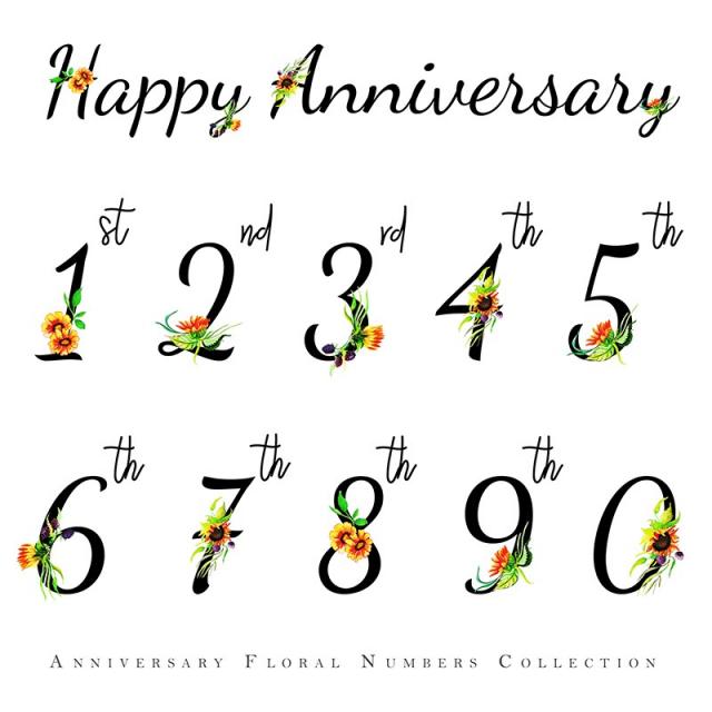 640x640 Watercolor Floral Happy Anniversary Numbers Collection, Watercolor