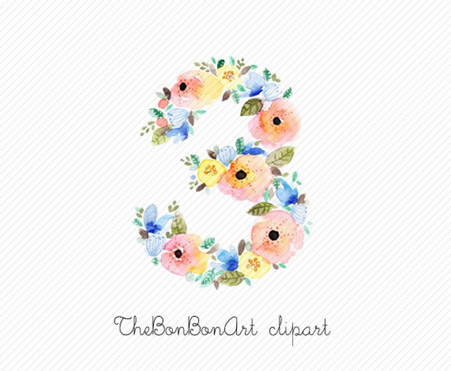 642x528 Flower Numbers Watercolor Clipart. Floral Numbers Watercolor Etsy