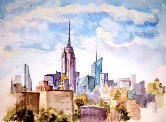 570x420 New York Print City Skyline Brooklyn Rooftop Watercolor Nyc Etsy