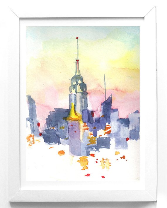 570x710 New York Print Watercolor Nyc Skyline Sunset Hand Signed Etsy
