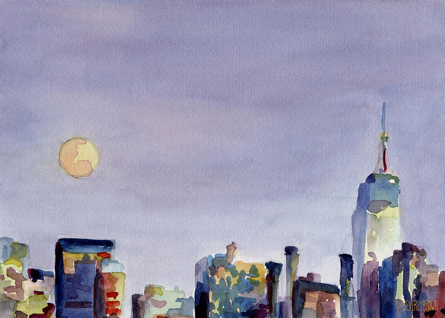 900x643 Full Moon And Empire State Building Watercolor Painting Of Nyc