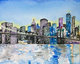 340x270 Print Nyc Watercolor Painting New York City Brooklyn Skyline