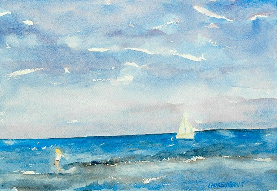 570x393 Landscape Watercolor Ocean Scene Fine Art Digital Print From My