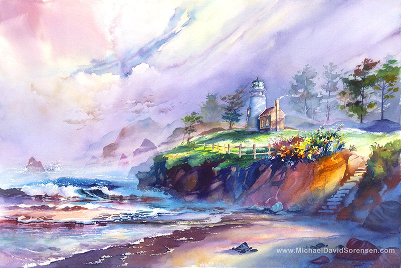 800x536 Lighthouse Painting Print. Pacific Mist By Michael