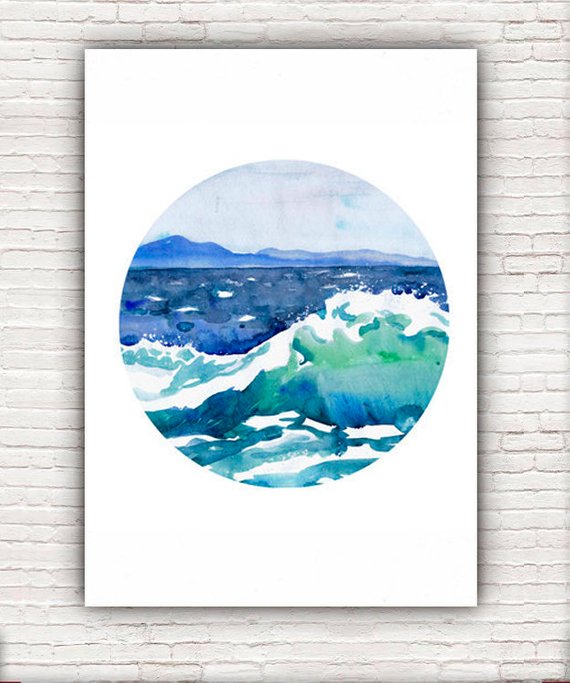 570x683 Ocean Painting Circle Art Wave Watercolor Landscape Abstract Etsy