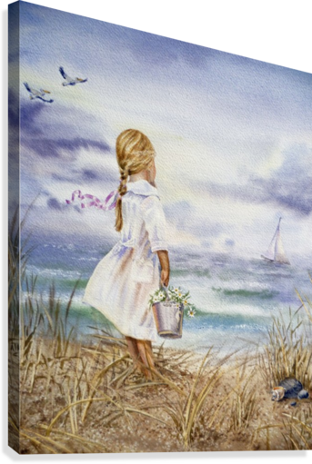 343x511 Watercolor Beach Painting Girl Boat And Ocean